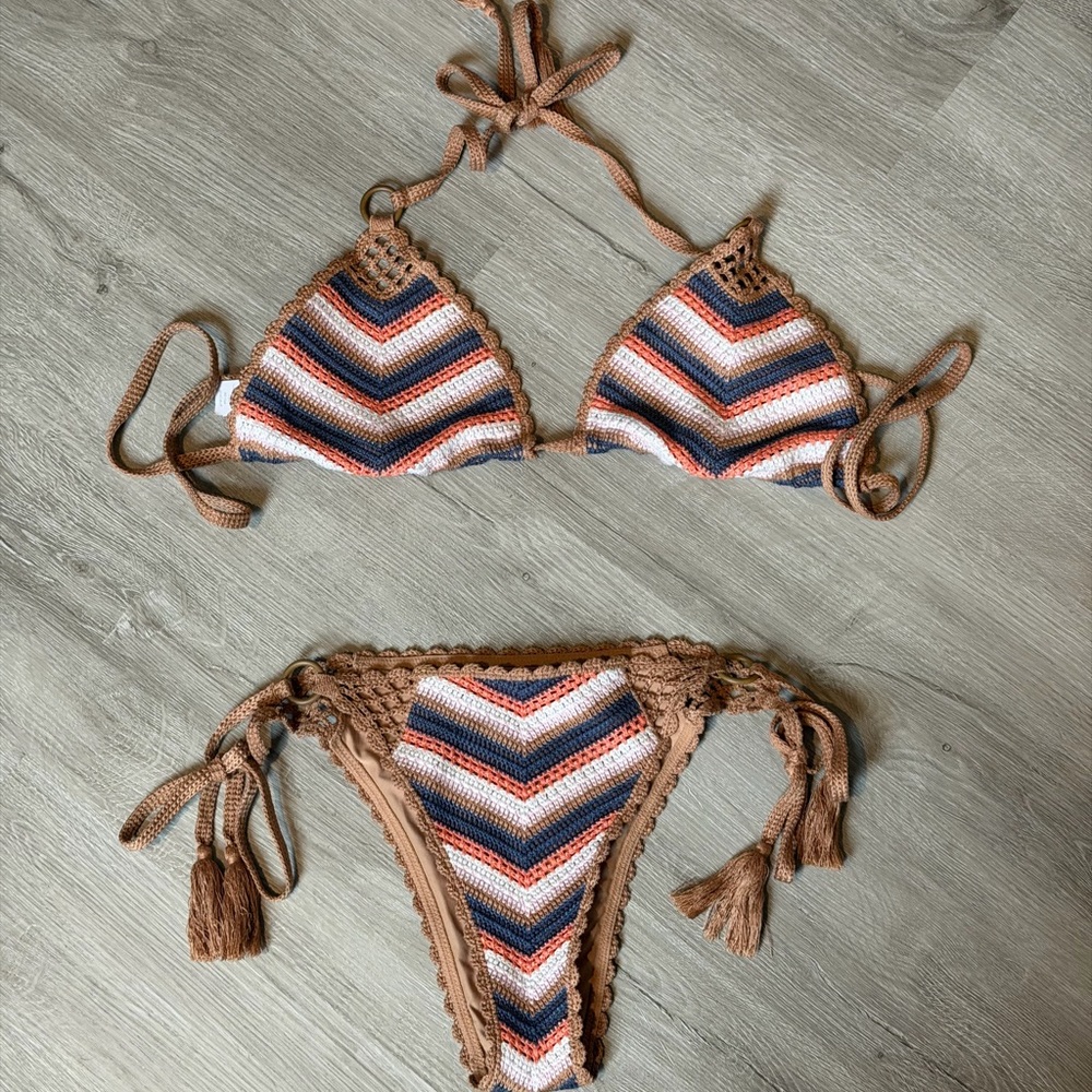 Aerie Crochet Bikini Set Medium Cheeky Chevron Stripe